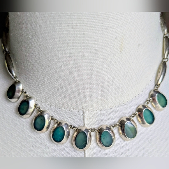 Vintage Taxco 925 Sterling Silver Green Stone Necklace - Picture 1 of 4